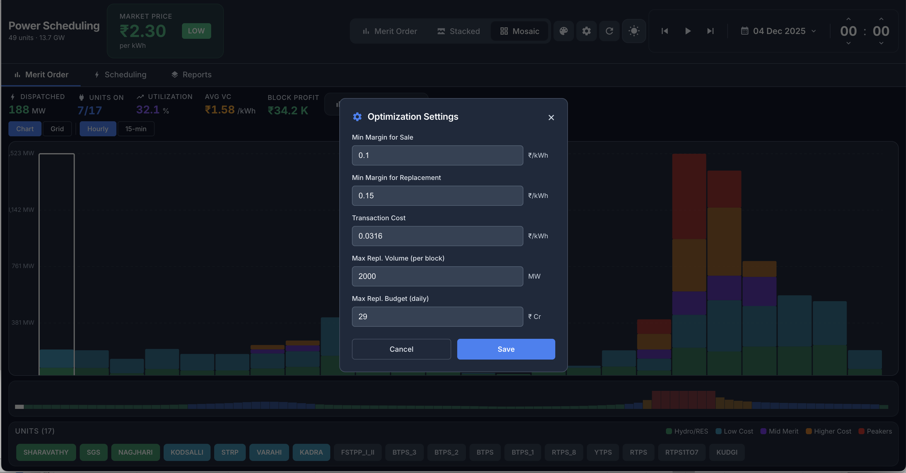 Energy Atlas optimization settings — margin, transaction cost, volume and budget controls