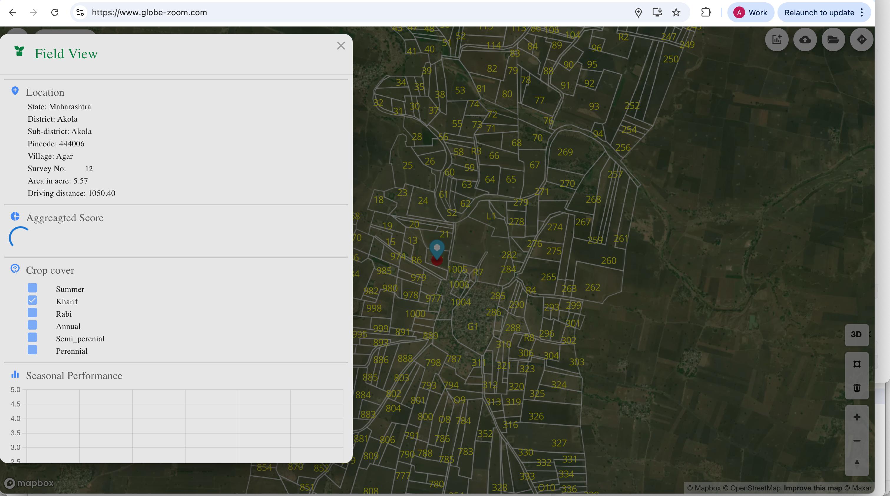 GlobeZoom Field View — parcel details with location, crop cover, and seasonal performance