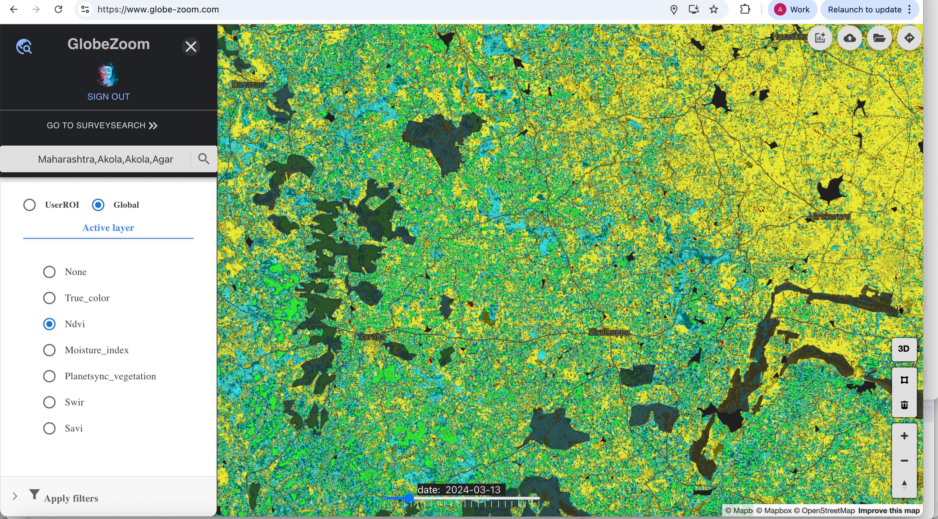 GlobeZoom NDVI satellite layer showing vegetation health across Akola region