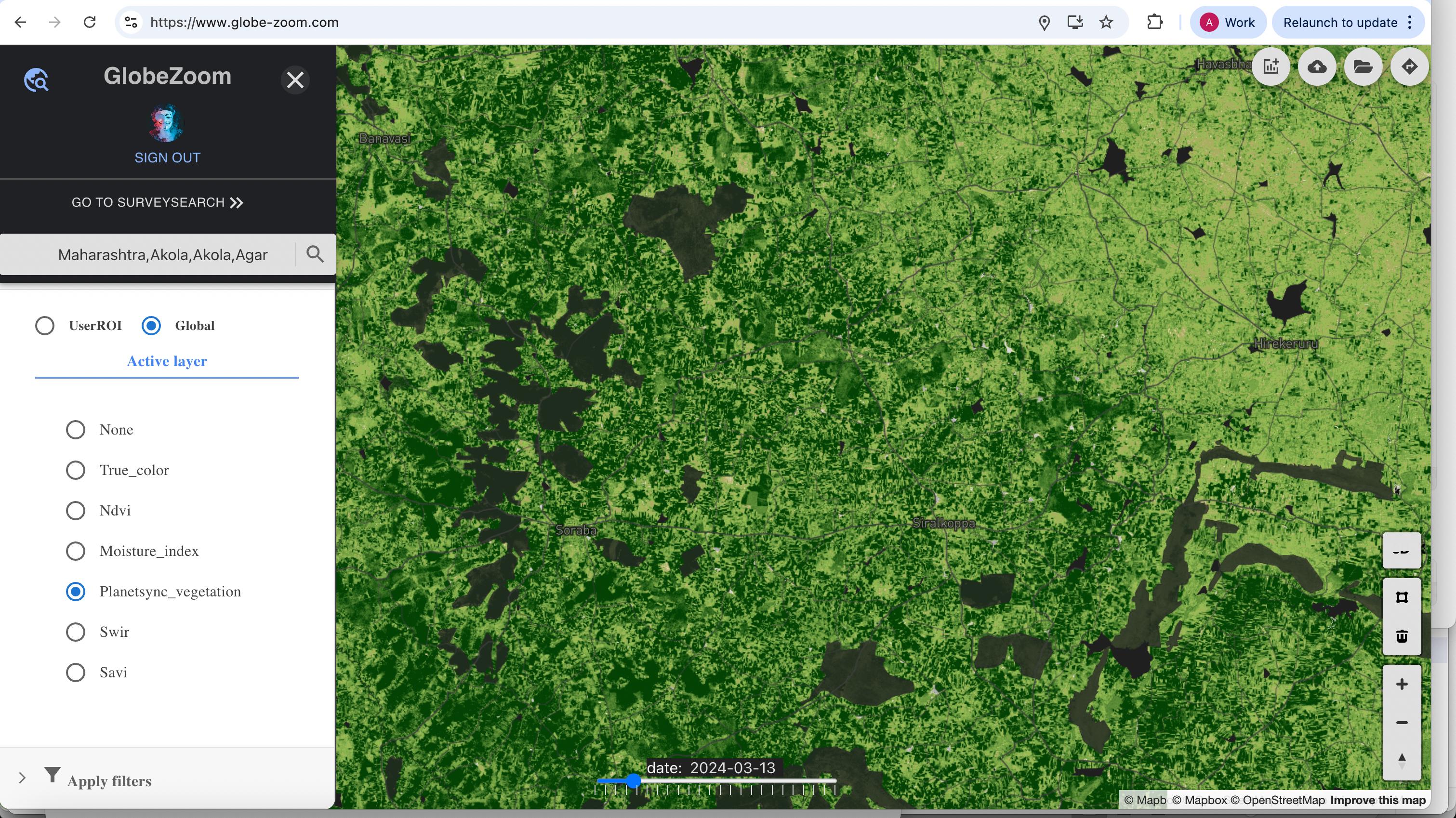 GlobeZoom PlanetSync vegetation layer showing crop coverage in green