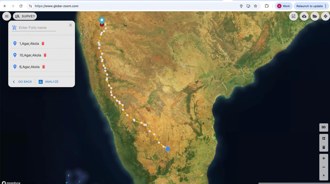 GlobeZoom folio management showing survey parcels in Agar, Akola