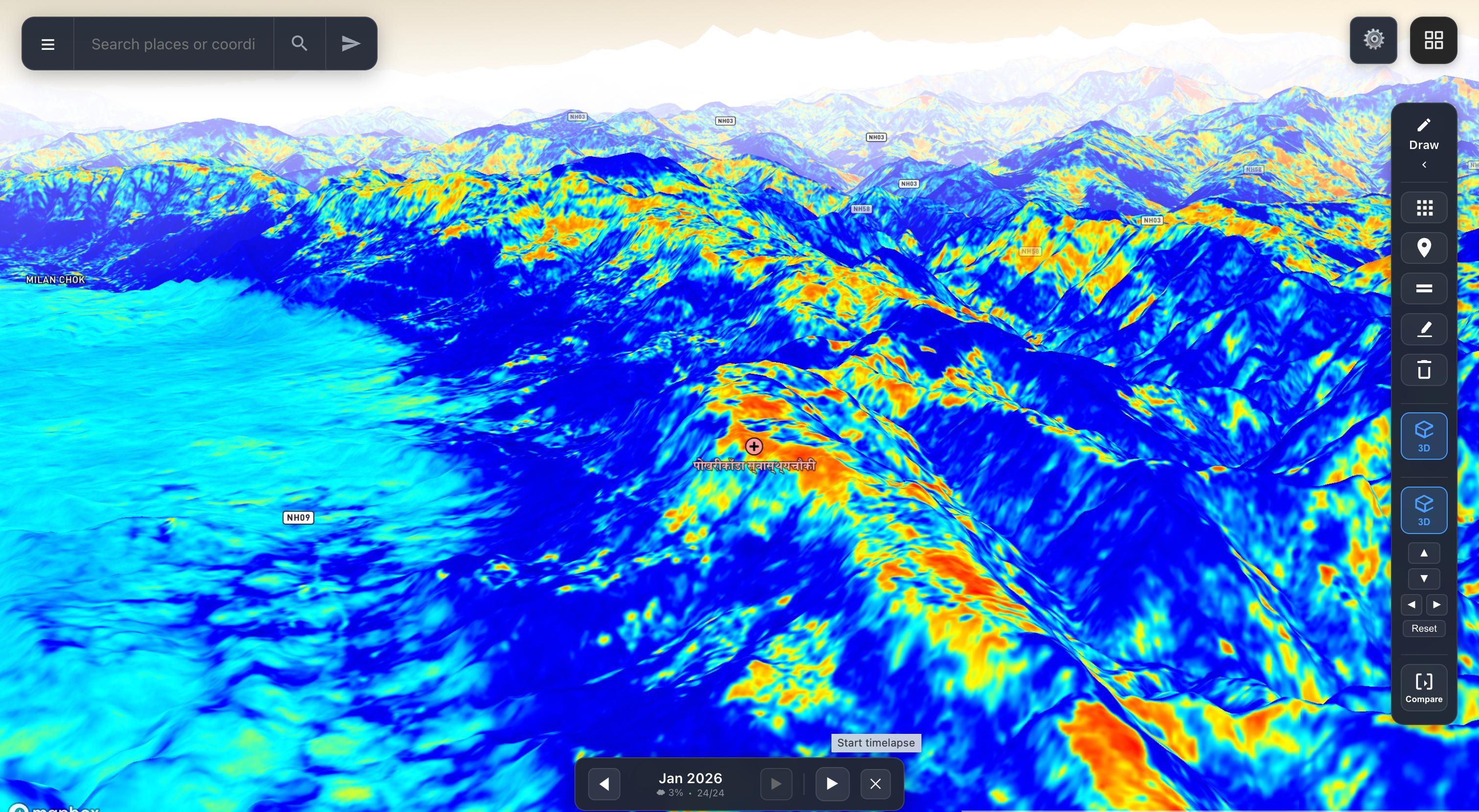 GlobeZoom 3D terrain view with thermal heatmap overlay in mountainous region