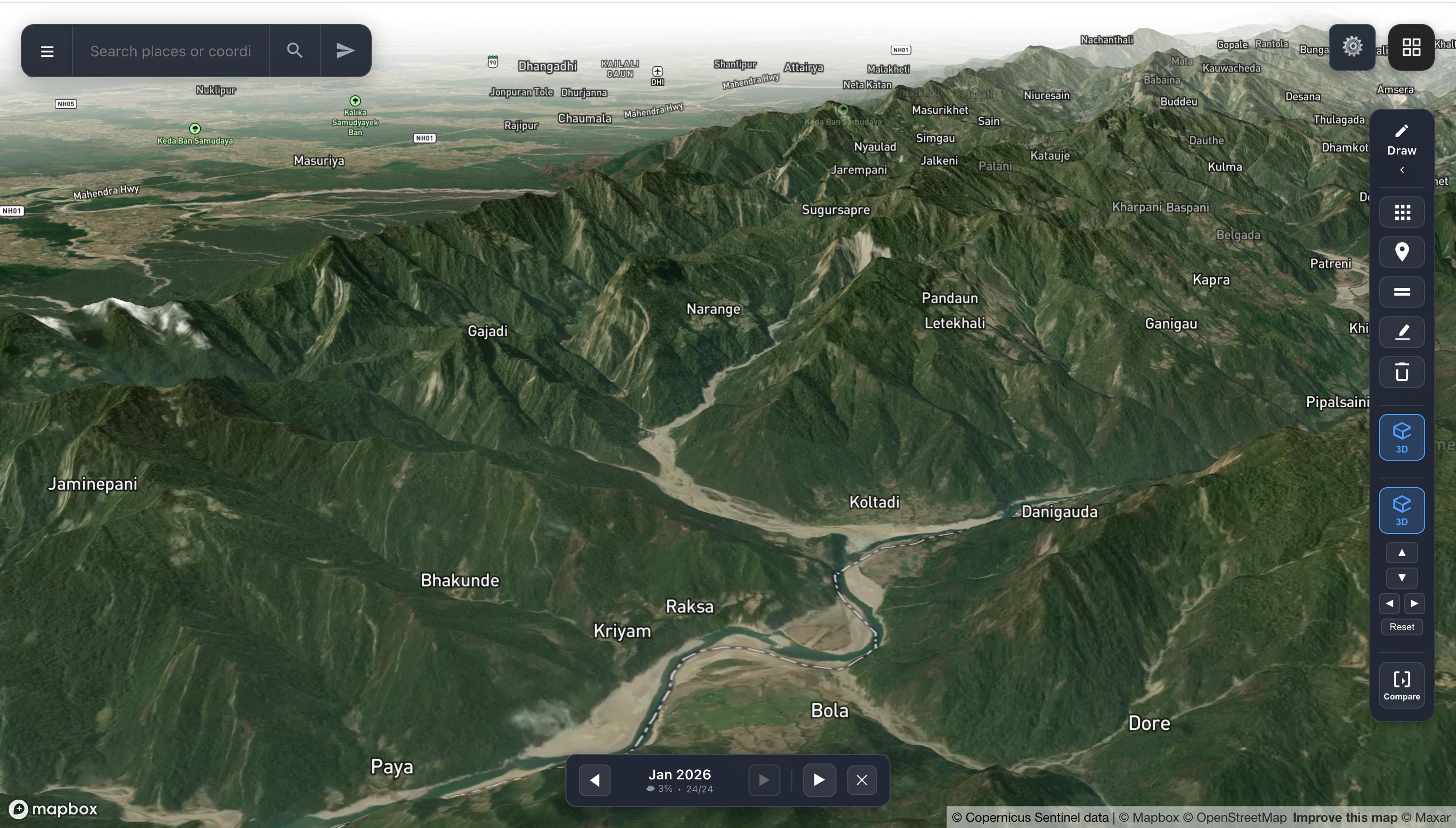 GlobeZoom 3D terrain view of mountain valleys and rivers with Sentinel data