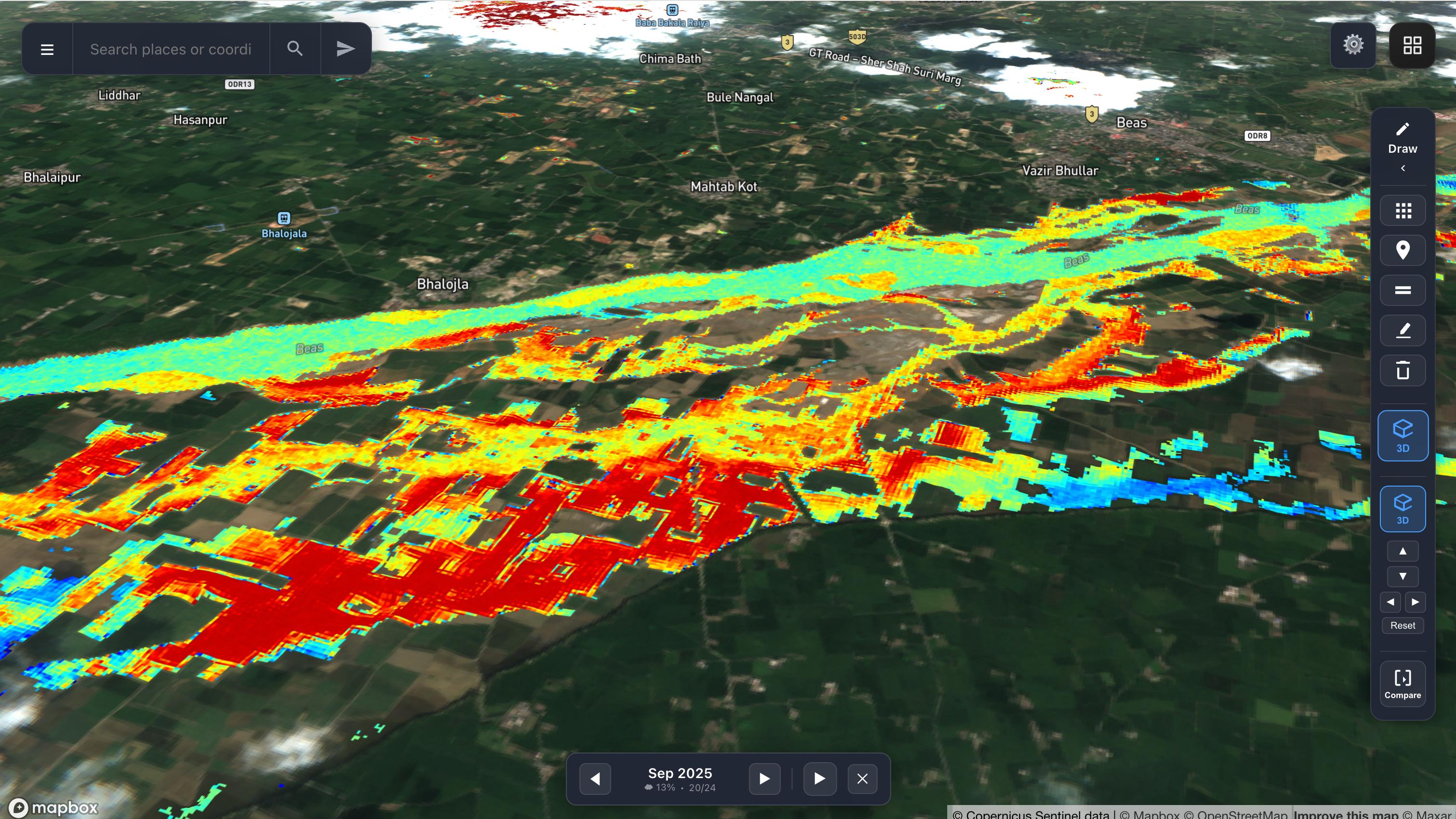 GlobeZoom FloodCast showing flood delineation with severity color coding