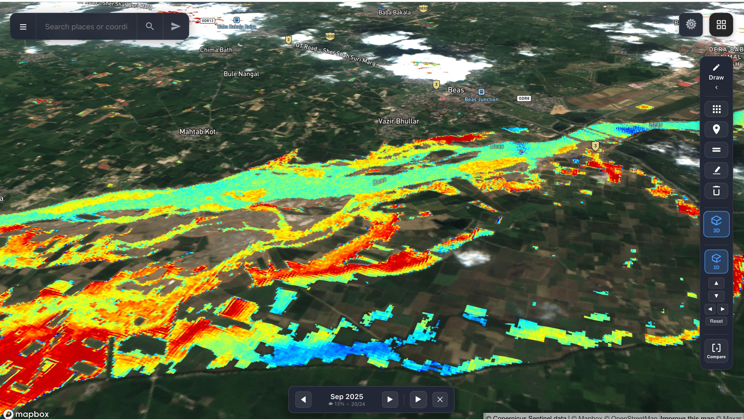 GlobeZoom flood impact analysis showing affected areas near Beas river