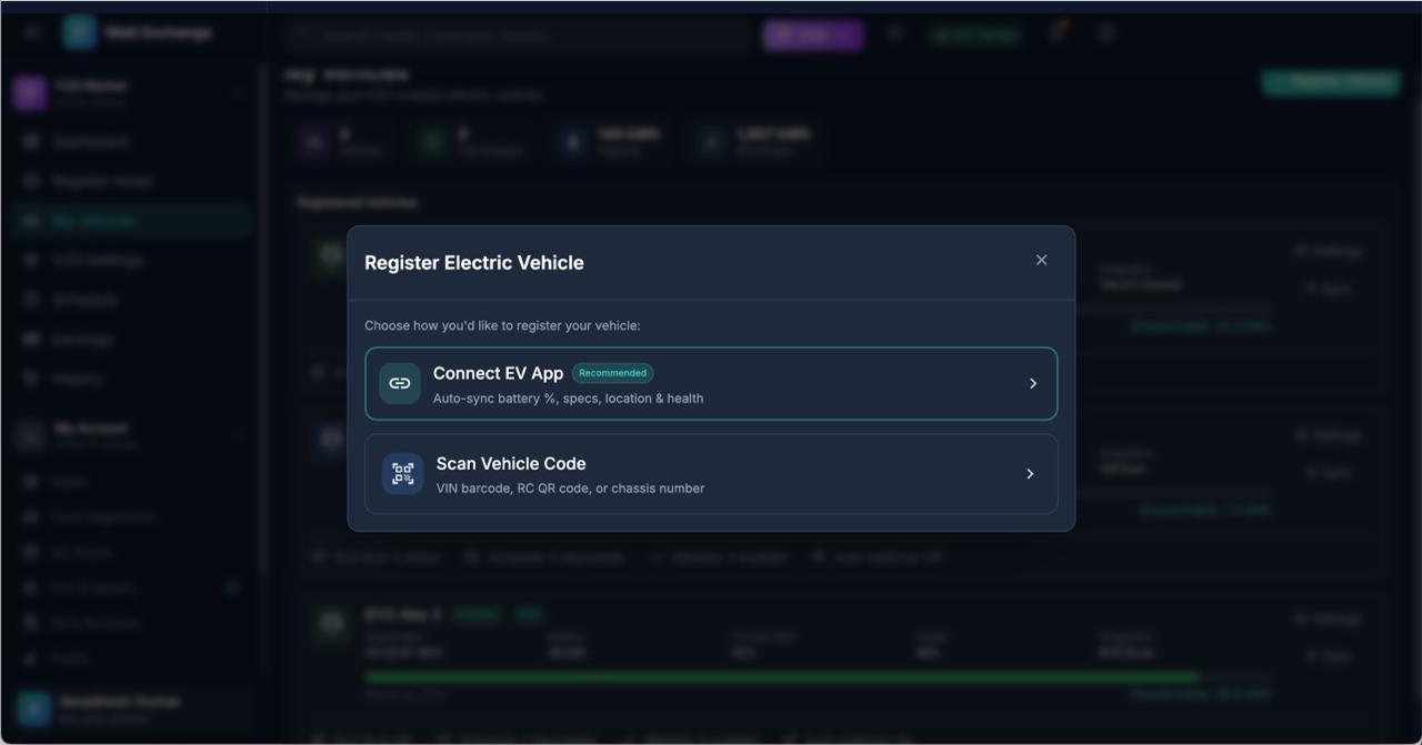 WattExchange vehicle registration modal with Connect EV App and Scan options