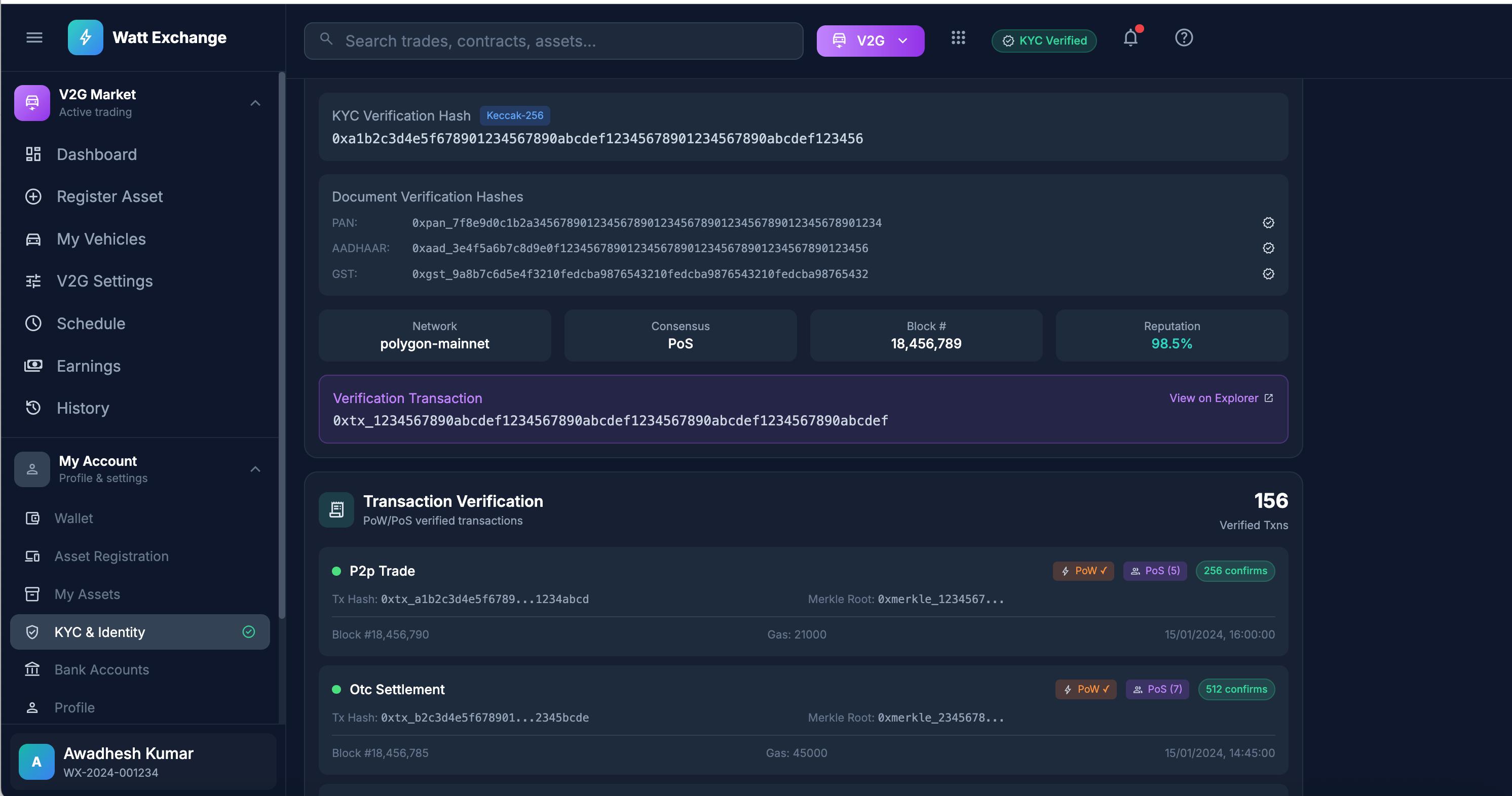 WattExchange blockchain wallet showing transactions, REC credits, and carbon offset