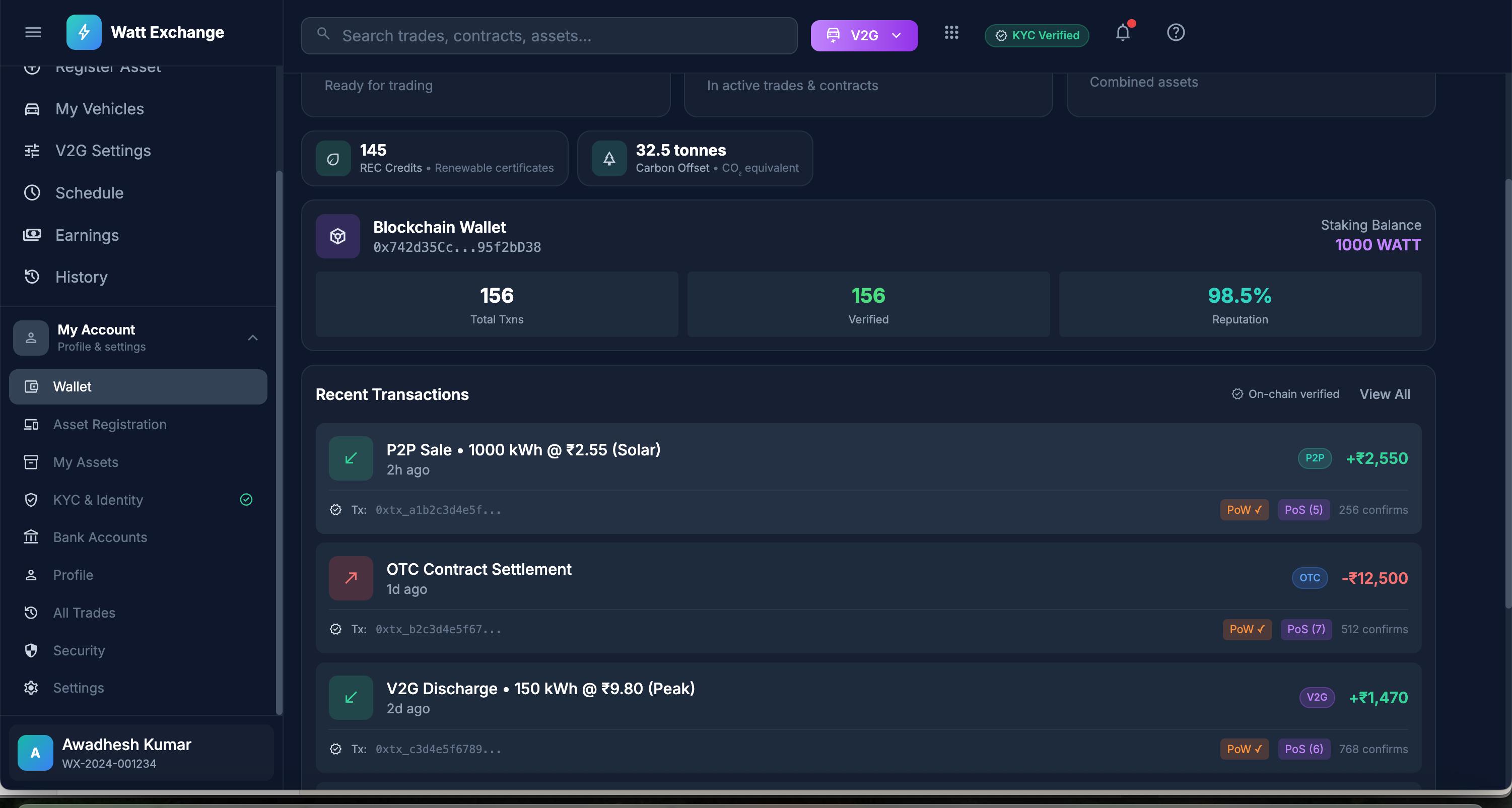 WattExchange settings showing trading preferences, market selection, and notifications
